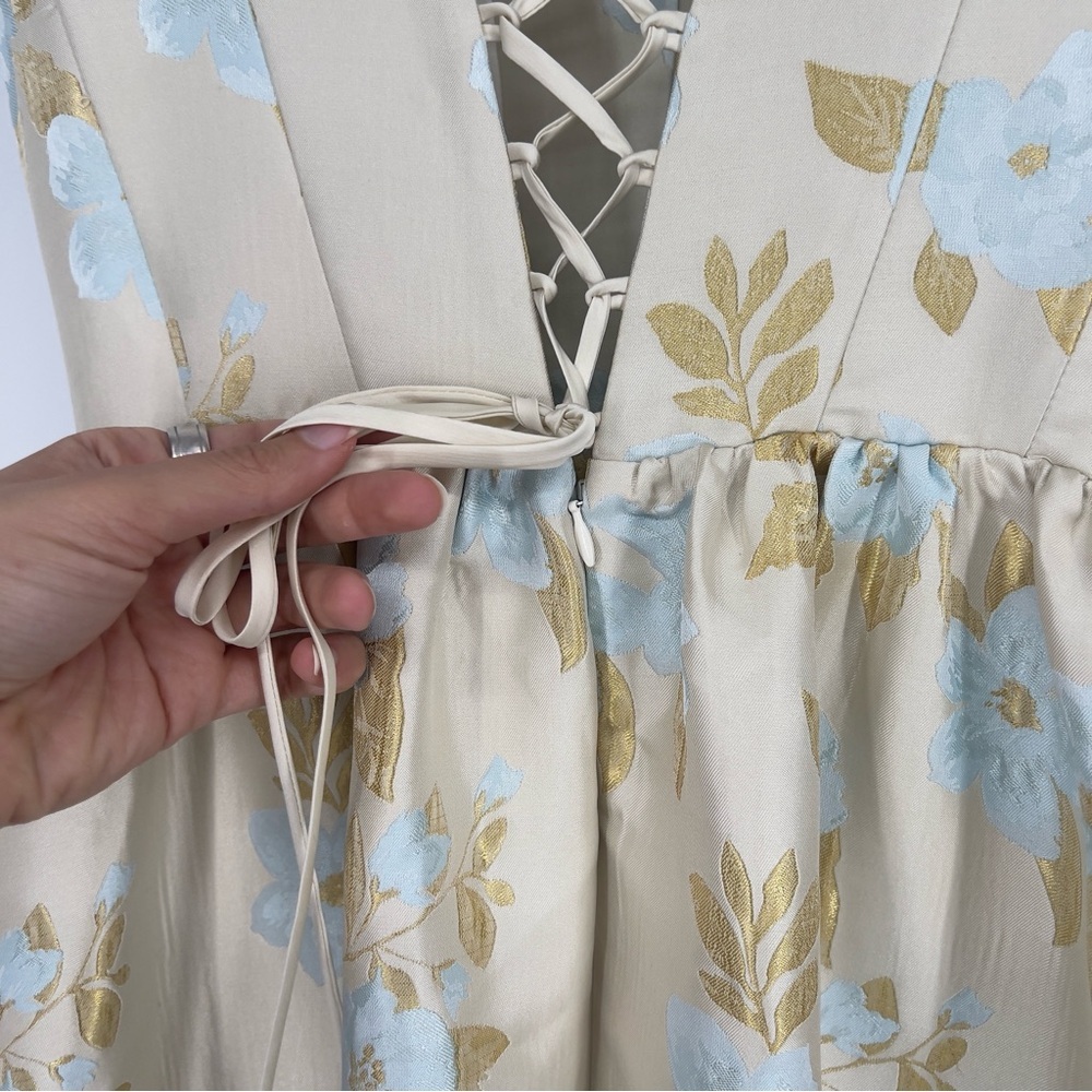 V. Chapman Avery Tiered A-Line Corset Formal Gown Dress in Sky Windsor Brocade 4 - Picture 9 of 11